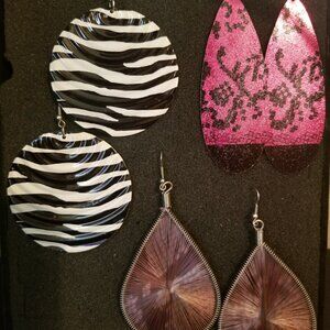 Earrings, 3 pair, unknown brand, 1 pr black/white, 1 pr black/pink, 1 pr silver